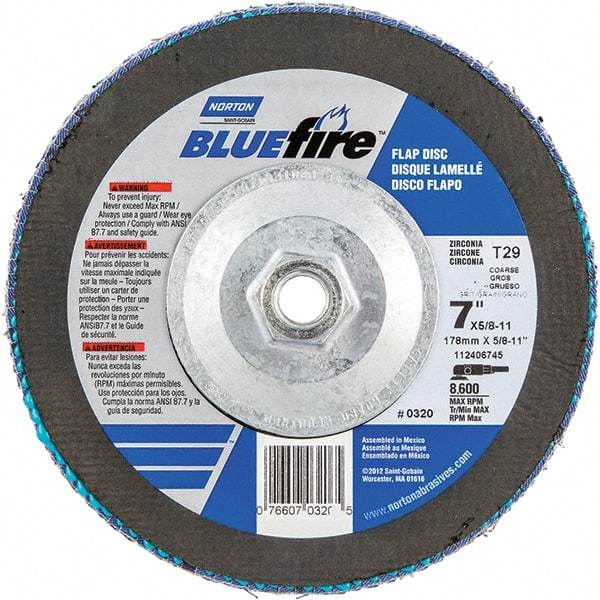 Norton - 40 Grit, 7" Disc Diam, 5/8-11 Center Hole, Type 29 Zirconia Alumina Flap Disc - 8,600 Max RPM, Cloth Backing, Arbor Attaching System, Coated - Exact Tool & Supply