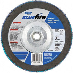 Norton - 40 Grit, 7" Disc Diam, 5/8-11 Center Hole, Type 29 Zirconia Alumina Flap Disc - 8,600 Max RPM, Cloth Backing, Arbor Attaching System, Coated - Exact Tool & Supply