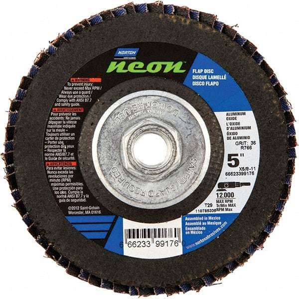 Norton - 120 Grit, 5" Disc Diam, 5/8-11 Center Hole, Type 29 Ceramic Alumina Flap Disc - 12,000 Max RPM, Polyester Backing, Arbor Attaching System, Coated - Exact Tool & Supply