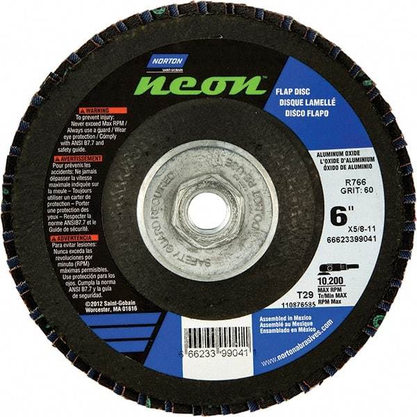 Norton - 60 Grit, 6" Disc Diam, 5/8-11 Center Hole, Type 29 Ceramic Alumina Flap Disc - 10,200 Max RPM, Polyester Backing, Arbor Attaching System, Coated - Exact Tool & Supply