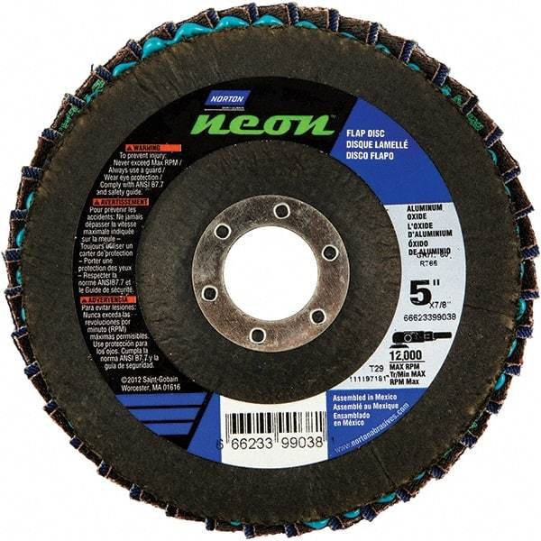 Norton - 80 Grit, 5" Disc Diam, 7/8" Center Hole, Type 29 Ceramic Alumina Flap Disc - 12,000 Max RPM, Polyester Backing, Arbor Attaching System, Coated - Exact Tool & Supply