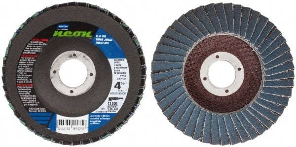 Norton - 80 Grit, 4-1/2" Disc Diam, 7/8" Center Hole, Type 29 Ceramic Alumina Flap Disc - 13,300 Max RPM, Polyester Backing, Arbor Attaching System, Coated - Exact Tool & Supply