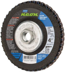 Norton - 80 Grit, 4-1/2" Disc Diam, 5/8-11 Center Hole, Type 29 Ceramic Alumina Flap Disc - 13,300 Max RPM, Polyester Backing, Arbor Attaching System, Coated - Exact Tool & Supply