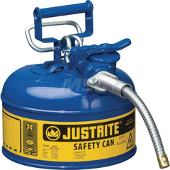 Justrite - Safety Dispensing Cans; Capacity: 1 Gal. ; Material: Steel ; Color: Blue ; Height (Decimal Inch): 10.500000 ; Diameter/Length (mm): 9.50 ; Approval Listing/Regulations: FM Approved; UL; ULC; TUV - Exact Tool & Supply