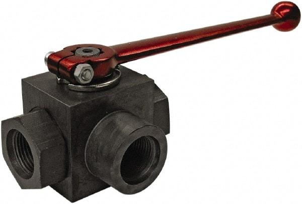 HYDAC - 3/8" Pipe, Full Port, Carbon Steel Full Port Ball Valve - Three Way, SAE Ends, Straight Handle, 7,250 WOG - Exact Tool & Supply