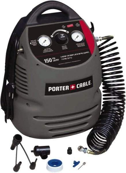 Porter-Cable - 0.8 hp, 2 CFM at 90 psi Hand Carry Compressor - 1.5 Gallon Tank, 10 Amp, 150 Max psi, 120V - Exact Tool & Supply