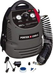Porter-Cable - 0.8 hp, 2 CFM at 90 psi Hand Carry Compressor - 1.5 Gallon Tank, 10 Amp, 150 Max psi, 120V - Exact Tool & Supply