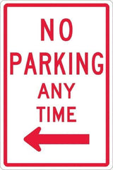 NMC - "No Parking Anytime", "Left Arrow", 12" Wide x 18" High, Aluminum No Parking & Tow Away Signs - 0.063" Thick, Red on White, Rectangle, Post Mount - Exact Tool & Supply