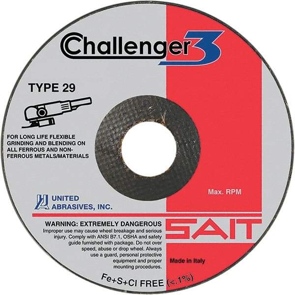 Sait - 4-1/2" Wheel Diam, 1/8" Wheel Thickness, 7/8" Arbor Hole, Type 29 Depressed Center Wheel - Medium Grade, Aluminum Oxide/Silicon Carbide Blend, 13,280 Max RPM - Exact Tool & Supply