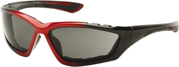 PYRAMEX - Gray Lenses, Framed Safety Glasses - Anti-Fog, Scratch Resistant, Black/Red Nylon Frame, Size Universal, Wrap Around - Exact Tool & Supply