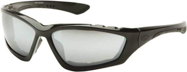 PYRAMEX - Silver Mirror Lenses, Framed Safety Glasses - Anti-Fog, Scratch Resistant, Black Nylon Frame, Size Universal, Wrap Around - Exact Tool & Supply