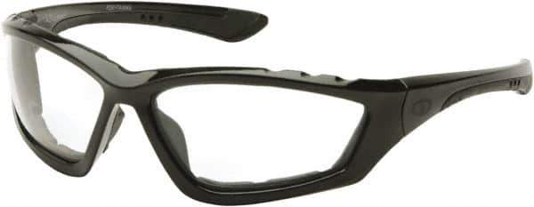PYRAMEX - Clear Lenses, Framed Safety Glasses - Anti-Fog, Scratch Resistant, Black Nylon Frame, Size Universal, Wrap Around - Exact Tool & Supply