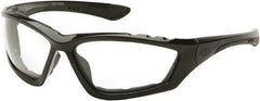 PYRAMEX - Clear Lenses, Framed Safety Glasses - Anti-Fog, Scratch Resistant, Black Nylon Frame, Size Universal, Wrap Around - Exact Tool & Supply