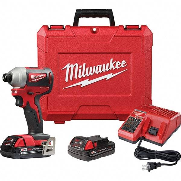 Milwaukee Tool - 18 Volt, 1/4" Drive, 133 Ft/Lb Torque, Cordless Impact Driver - Pistol Grip Handle, 3200 RPM, 2 Lithium-Ion Batteries Included - Exact Tool & Supply