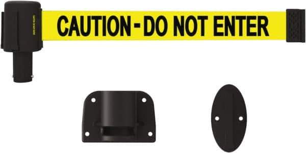 Banner Stakes - 15' Long x 2-1/2" Wide Nylon/Polyester Wall-Mounted Indoor Barrier - Black on Yellow - Exact Tool & Supply