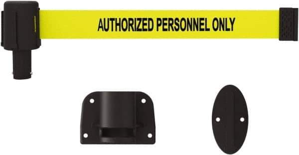 Banner Stakes - 15' Long x 2-1/2" Wide Nylon/Polyester Wall-Mounted Indoor Barrier - Black on Yellow - Exact Tool & Supply