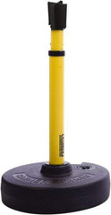 Banner Stakes - 22 to 42" High, 2-3/8" Pole Diam, Barrier Post Base, Stanchion & Receiver Head - 9" Base Diam, Round Nylon Base, Yellow Plastic Post, 15' x 2-1/2" Tape, For Outdoor Use - Exact Tool & Supply