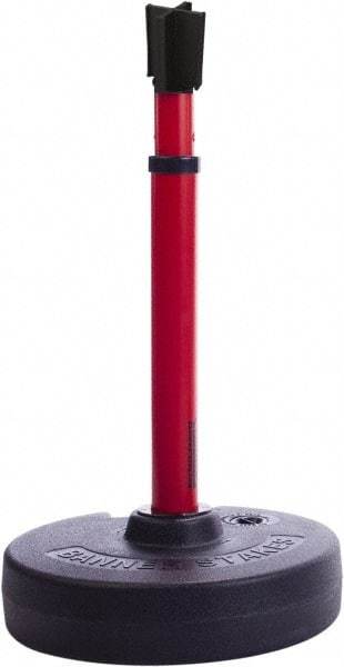 Banner Stakes - 22 to 42" High, 2-3/8" Pole Diam, Barrier Post Base, Stanchion & Receiver Head - 9" Base Diam, Round Nylon Base, Red Plastic Post, 15' x 2-1/2" Tape, For Outdoor Use - Exact Tool & Supply