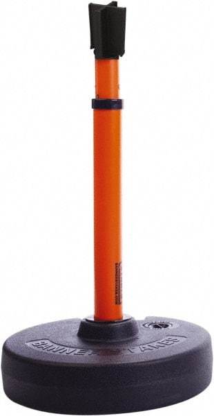 Banner Stakes - 22 to 42" High, 2-3/8" Pole Diam, Barrier Post Base, Stanchion & Receiver Head - 9" Base Diam, Round Nylon Base, Orange Plastic Post, 15' x 2-1/2" Tape, For Outdoor Use - Exact Tool & Supply