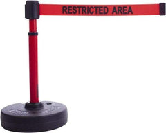 Banner Stakes - 22 to 42" High, 2-3/8" Pole Diam, Barrier Post Base & Stanchion - 9" Base Diam, Round Nylon Base, Red Plastic Post, 15' x 2-1/2" Tape, For Outdoor Use - Exact Tool & Supply