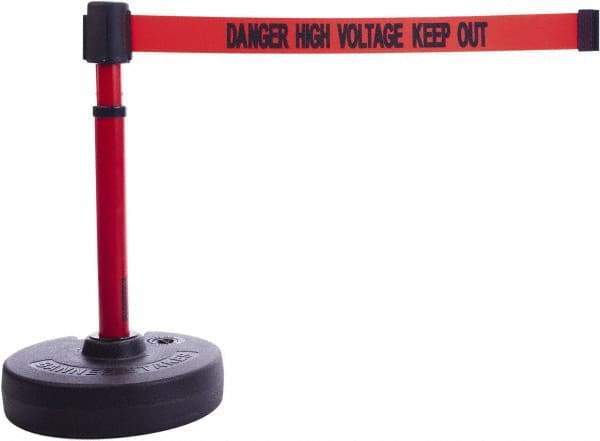 Banner Stakes - 22 to 42" High, 2-3/8" Pole Diam, Barrier Post Base & Stanchion - 9" Base Diam, Round Nylon Base, Red Plastic Post, 15' x 2-1/2" Tape, For Outdoor Use - Exact Tool & Supply