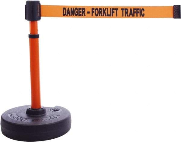 Banner Stakes - 22 to 42" High, 2-3/8" Pole Diam, Barrier Post Base & Stanchion - 9" Base Diam, Round Nylon Base, Orange Plastic Post, 15' x 2-1/2" Tape, For Outdoor Use - Exact Tool & Supply