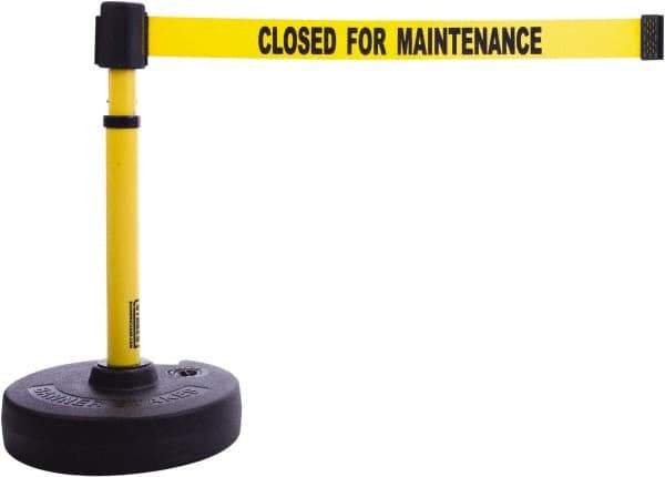 Banner Stakes - 22 to 42" High, 2-3/8" Pole Diam, Barrier Post Base & Stanchion - 9" Base Diam, Round Nylon Base, Yellow Plastic Post, 15' x 2-1/2" Tape, For Outdoor Use - Exact Tool & Supply