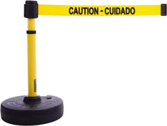 Banner Stakes - 22 to 42" High, 2-3/8" Pole Diam, Barrier Post Base & Stanchion - 9" Base Diam, Round Nylon Base, Yellow Plastic Post, 15' x 2-1/2" Tape, For Outdoor Use - Exact Tool & Supply