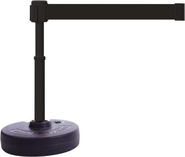 Banner Stakes - 22 to 42" High, 2-3/8" Pole Diam, Barrier Post Base & Stanchion - 9" Base Diam, Round Nylon Base, Black Plastic Post, 15' x 2-1/2" Tape, For Outdoor Use - Exact Tool & Supply