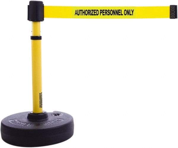 Banner Stakes - 22 to 42" High, 2-3/8" Pole Diam, Barrier Post Base & Stanchion - 9" Base Diam, Round Nylon Base, Yellow Plastic Post, 15' x 2-1/2" Tape, For Outdoor Use - Exact Tool & Supply