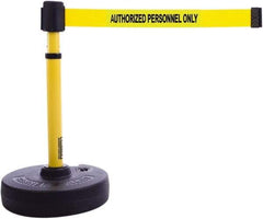 Banner Stakes - 22 to 42" High, 2-3/8" Pole Diam, Barrier Post Base & Stanchion - 9" Base Diam, Round Nylon Base, Yellow Plastic Post, 15' x 2-1/2" Tape, For Outdoor Use - Exact Tool & Supply