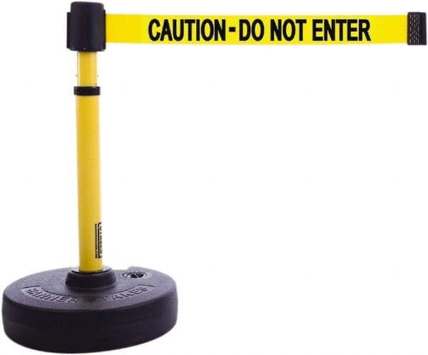 Banner Stakes - 22 to 42" High, 2-3/8" Pole Diam, Barrier Post Base & Stanchion - 9" Base Diam, Round Nylon Base, Yellow Plastic Post, 15' x 2-1/2" Tape, For Outdoor Use - Exact Tool & Supply