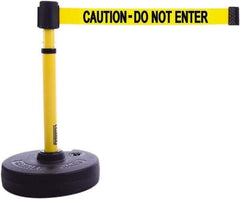 Banner Stakes - 22 to 42" High, 2-3/8" Pole Diam, Barrier Post Base & Stanchion - 9" Base Diam, Round Nylon Base, Yellow Plastic Post, 15' x 2-1/2" Tape, For Outdoor Use - Exact Tool & Supply