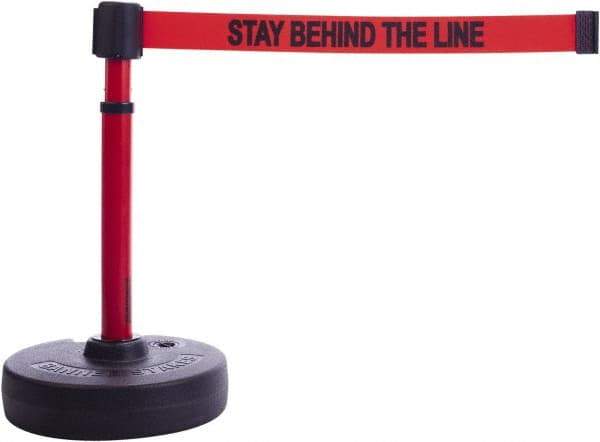 Banner Stakes - 22 to 42" High, 2-3/8" Pole Diam, Barrier Post Base & Stanchion - 9" Base Diam, Round Nylon Base, Red Plastic Post, 15' x 2-1/2" Tape, For Outdoor Use - Exact Tool & Supply