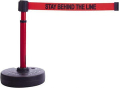 Banner Stakes - 22 to 42" High, 2-3/8" Pole Diam, Barrier Post Base & Stanchion - 9" Base Diam, Round Nylon Base, Red Plastic Post, 15' x 2-1/2" Tape, For Outdoor Use - Exact Tool & Supply