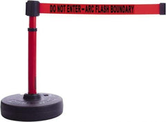 Banner Stakes - 22 to 42" High, 2-3/8" Pole Diam, Barrier Post Base & Stanchion - 9" Base Diam, Round Nylon Base, Red Plastic Post, 15' x 2-1/2" Tape, For Outdoor Use - Exact Tool & Supply