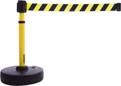 Banner Stakes - 22 to 42" High, 2-3/8" Pole Diam, Barrier Post Base & Stanchion - 9" Base Diam, Round Nylon Base, Yellow Plastic Post, 15' x 2-1/2" Tape, For Outdoor Use - Exact Tool & Supply