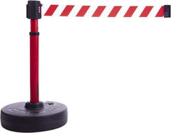 Banner Stakes - 22 to 42" High, 2-3/8" Pole Diam, Barrier Post Base & Stanchion - 9" Base Diam, Round Nylon Base, Red Plastic Post, 15' x 2-1/2" Tape, For Outdoor Use - Exact Tool & Supply