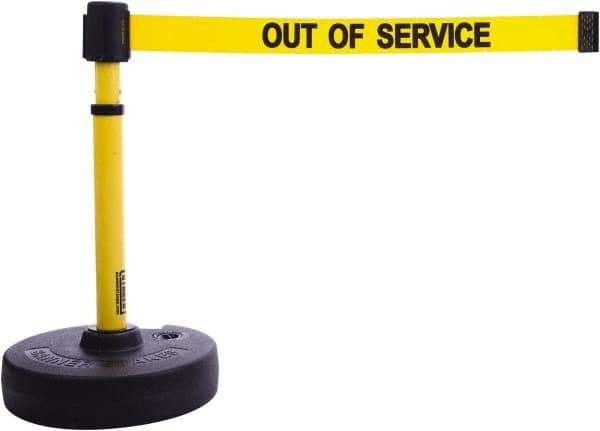 Banner Stakes - 22 to 42" High, 2-3/8" Pole Diam, Barrier Post Base & Stanchion - 9" Base Diam, Round Nylon Base, Yellow Plastic Post, 15' x 2-1/2" Tape, For Outdoor Use - Exact Tool & Supply