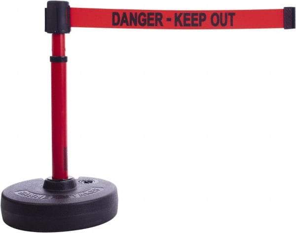 Banner Stakes - 22 to 42" High, 2-3/8" Pole Diam, Barrier Post Base & Stanchion - 9" Base Diam, Round Nylon Base, Red Plastic Post, 15' x 2-1/2" Tape, For Outdoor Use - Exact Tool & Supply
