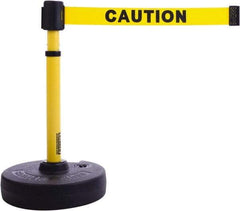 Banner Stakes - 22 to 42" High, 2-3/8" Pole Diam, Barrier Post Base & Stanchion - 9" Base Diam, Round Nylon Base, Yellow Plastic Post, 15' x 2-1/2" Tape, For Outdoor Use - Exact Tool & Supply
