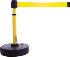 Banner Stakes - 22 to 42" High, 2-3/8" Pole Diam, Barrier Post Base & Stanchion - 9" Base Diam, Round Nylon Base, Yellow Plastic Post, 15' x 2-1/2" Tape, For Outdoor Use - Exact Tool & Supply