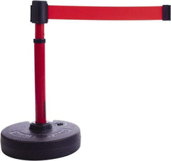 Banner Stakes - 22 to 42" High, 2-3/8" Pole Diam, Barrier Post Base & Stanchion - 9" Base Diam, Round Nylon Base, Red Plastic Post, 15' x 2-1/2" Tape, For Outdoor Use - Exact Tool & Supply