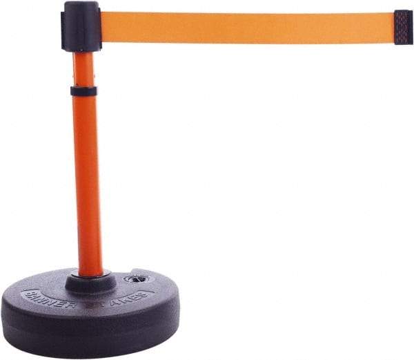 Banner Stakes - 22 to 42" High, 2-3/8" Pole Diam, Barrier Post Base & Stanchion - 9" Base Diam, Round Nylon Base, Orange Plastic Post, 15' x 2-1/2" Tape, For Outdoor Use - Exact Tool & Supply