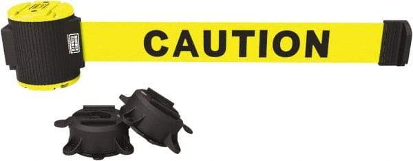 Banner Stakes - 30' Long x 2-1/2" Wide Nylon/Polyester Magnetic Wall Mount Barrier - Black on Yellow - Exact Tool & Supply
