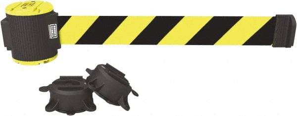 Banner Stakes - 30' Long x 2-1/2" Wide Nylon/Polyester Magnetic Wall Mount Barrier - Black on Yellow - Exact Tool & Supply