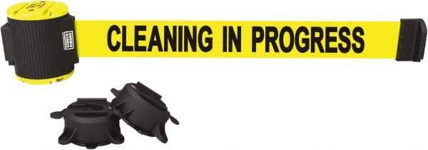 Banner Stakes - 30' Long x 2-1/2" Wide Nylon/Polyester Magnetic Wall Mount Barrier - Black on Yellow - Exact Tool & Supply