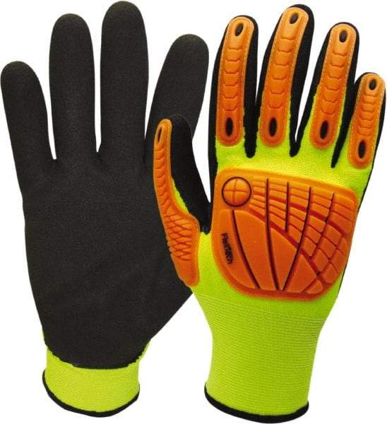 Wells Lamont - Size S (7), ANSI Cut Lvl 3, Nitrile Coated HPPE Fiber/Stainless Steel Cut Resistant Gloves - Palm & Fingertips Coated, Hi-Vis Orange/Black, Paired - Exact Tool & Supply