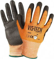 Wells Lamont - Size S (7), ANSI Cut Lvl 4, Polyurethane Coated HPPE Fiber/Stainless Steel Cut Resistant Gloves - Palm & Fingertips Coated, Hi-Vis Orange/Black, Paired - Exact Tool & Supply