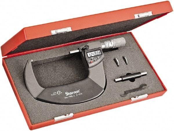 Starrett - 3 to 4" Range, Standard Throat IP67 Electronic Outside Micrometer - Friction Thimble, Carbide Face, CR2032 Battery - Exact Tool & Supply